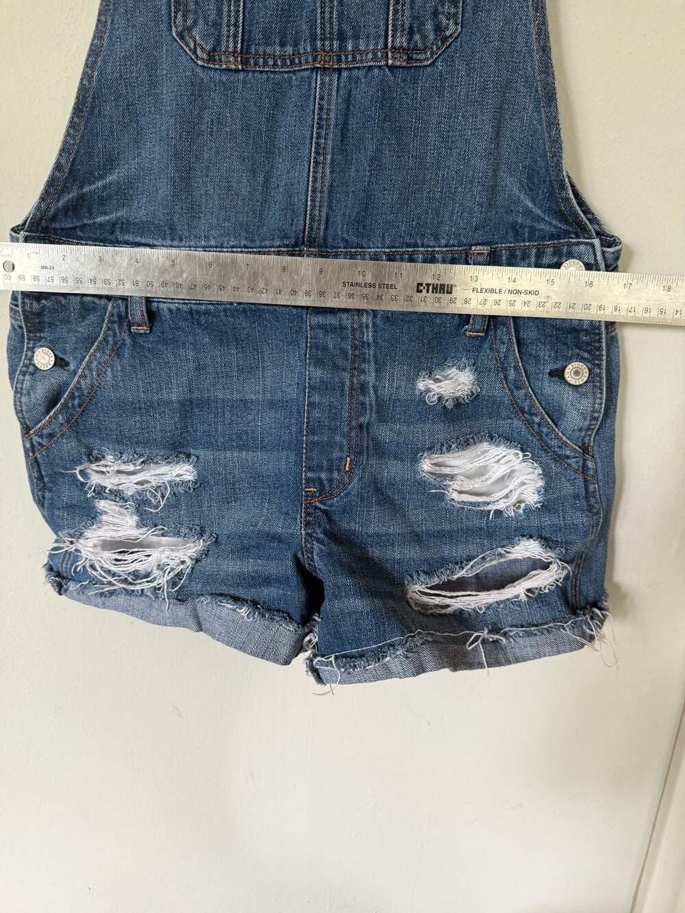 American Eagle Women's Distressed Denim Shortalls Overalls - Picture 2 of 7